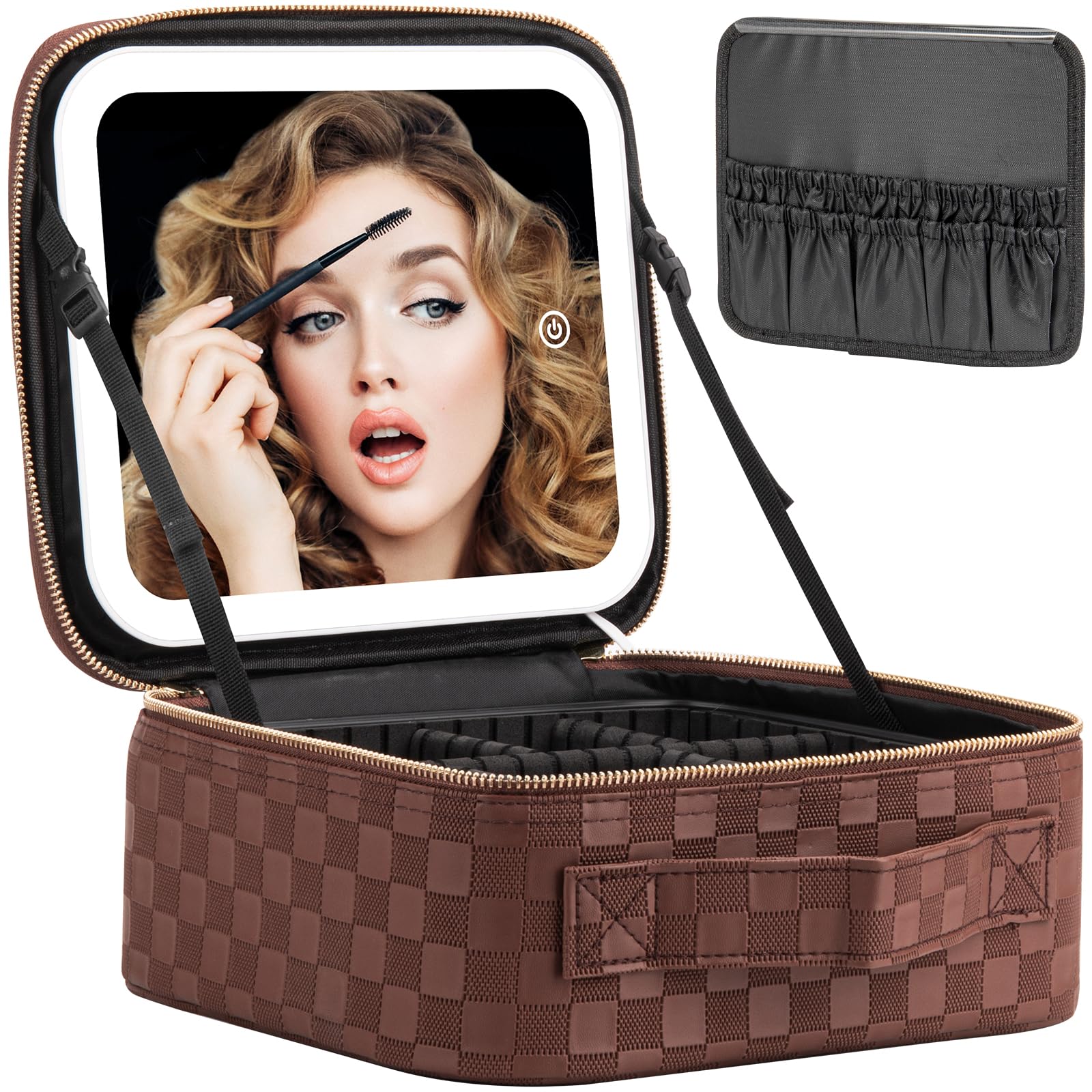 Extrei Gent Makeup Travel Train Case with Mirror LED Light 3 Adjustable Brightness Large Cosmetic Bag Portable Storage Adjustable Partition Waterproof Makeup Brushes Make up Jewelry Gift for Women