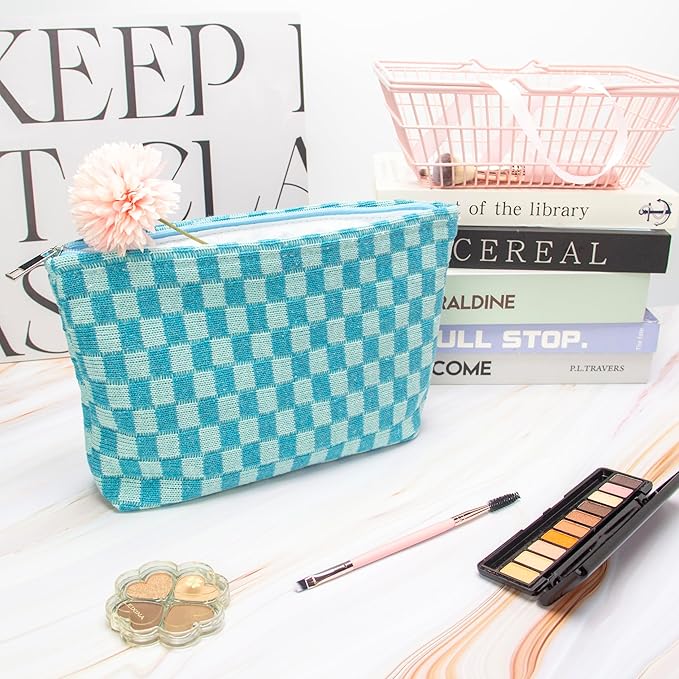 Checkered Makeup Bag for Purse, Small Flat Cosmetic Pouch,Lake Blue