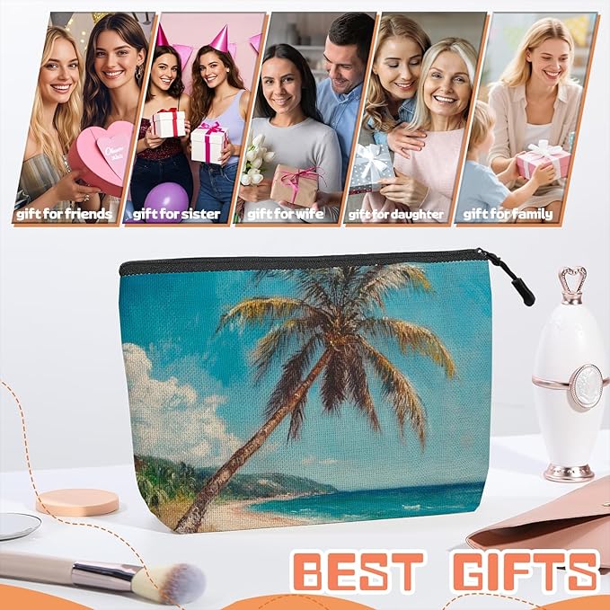 Scribesense Cosmetic Bags Travel Makeup Toilet Case Waterproof Pouch for Women Girls 6.7X9.45inches - Tilted Coconut Tree on A Tropical Beach