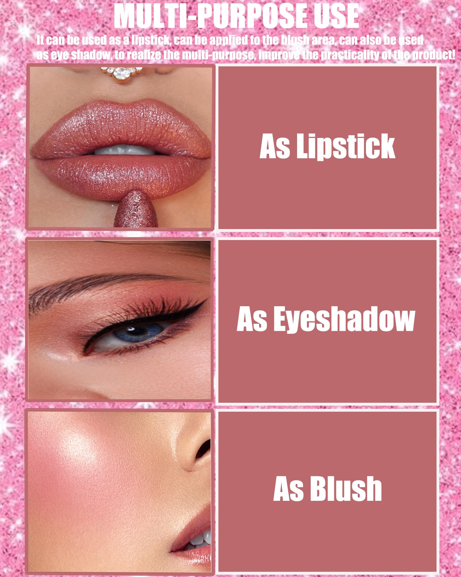 Metallic Rose Pink Glitter Lipstick for Women,Diamond Shimmer Lip Gloss,03
