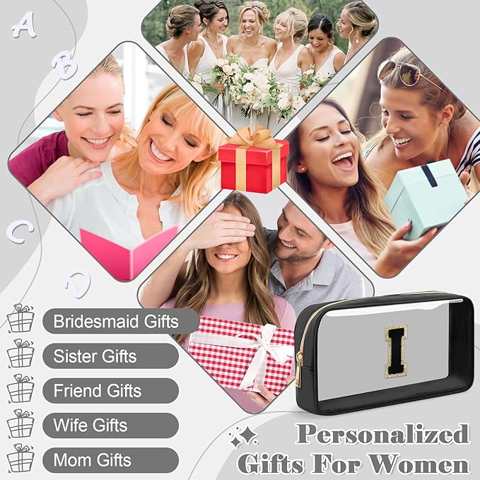UIXIZQ Personalized Initial Letter Clear Makeup Bag,Preppy Small Nylon&PVC Cosmetic Zipper Bag with Chenille Letter,Travel Skincare Toiletry Bag,Monogram Christmas Gift for Teen Girls Women,I