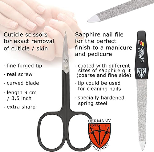 3 Swords Germany - Brand Quality 6 piece Manicure Pedicure Grooming kit Set - Scissors, Metal and Glass Nail File, Clipper, Tweezers with Synthetic Leather case - White/Black Tools