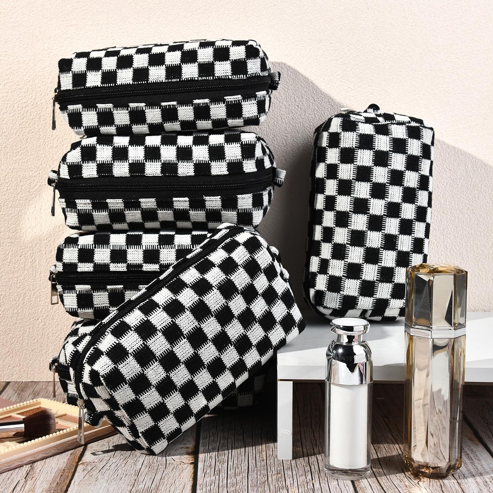 SOIDRAM Checkered Makeup Bag Preppy Cosmetic Bag Bulk Black Makeup Pouch Personalize Travel Toiletry Bag Organizer Cute DIY Makeup Brushes Storage Bag for Women