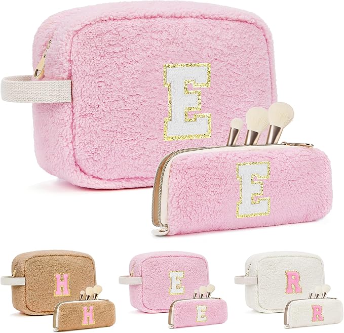 ibeacos 2PCS Makeup Bag with Initials, Valentines Day Gifts for Teen Girls Trendy Stuff, Personalized Cosmetic Travel Bag Pouch for Granddaughter, Cute Plush Make up Bags for Birthday - Pink E