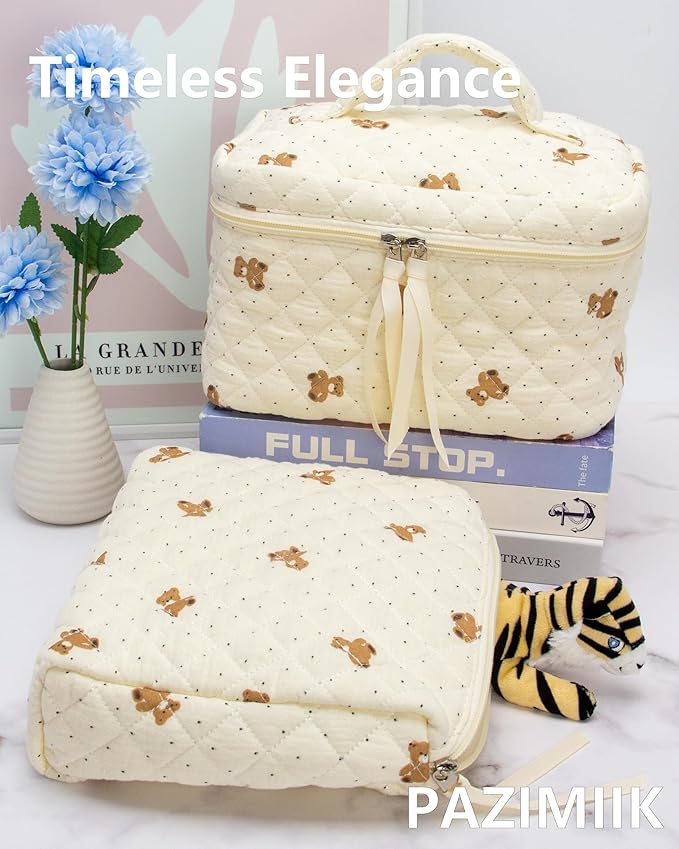 Quilted Makeup Pouch for Women, Travel Cosmetic&Toiletry Bag,Gauze Bear