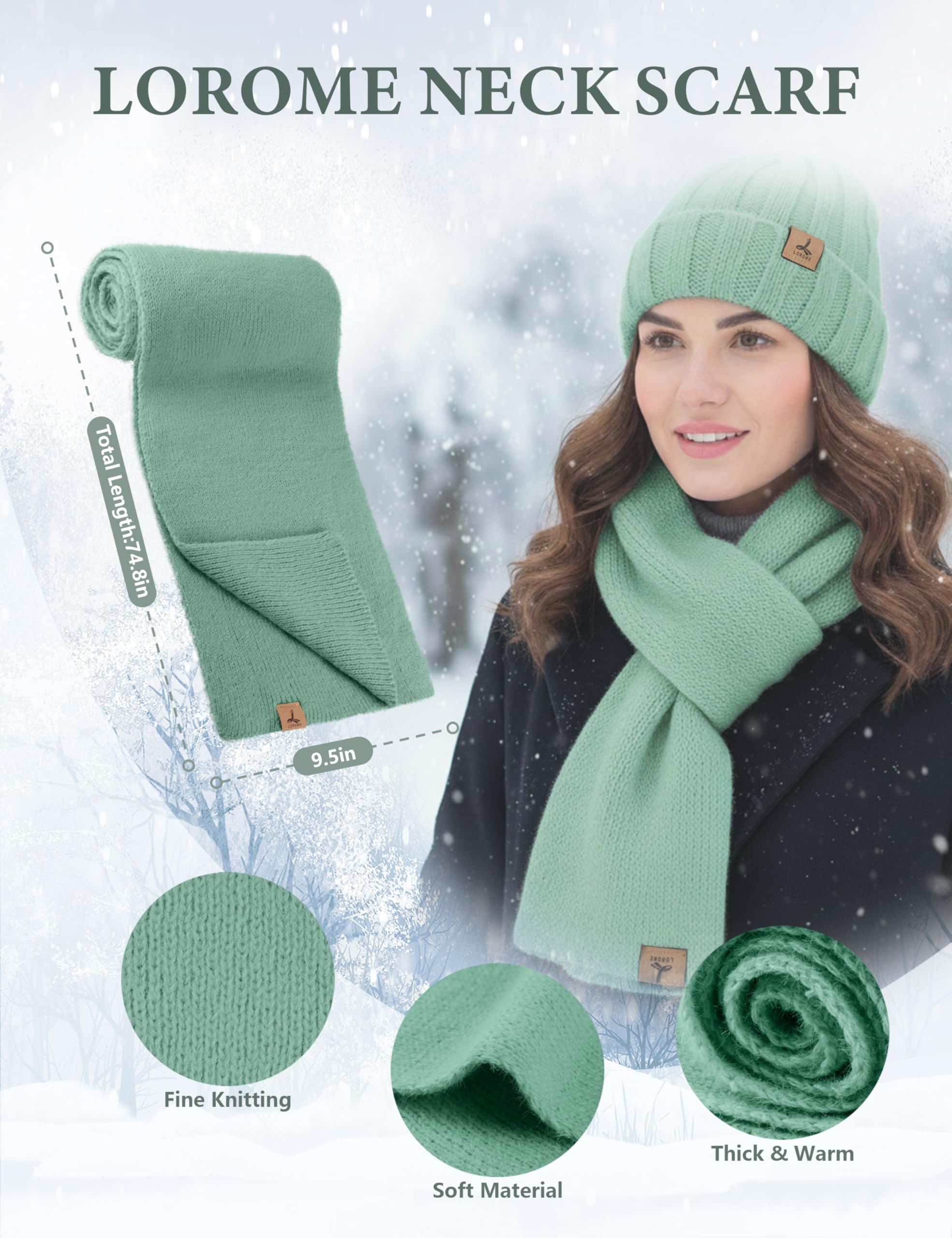 LOROME Winter Beanie Hat Gloves Scarf, Cashmere Hat Gloves Scarf Set Women