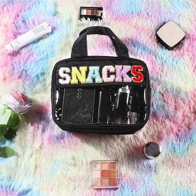 BuyCard Chenille Letter Clear Makeup Bags, Snacks Bag for Travel, Preppy Patch Nylon Cosmetic Bag with Handles and Zipper, Waterproof Large Clear Travel Toiletry Bag Storage Bag for Women Black