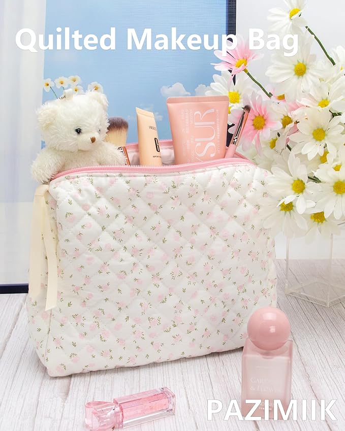Quilted Makeup Pouch for Women, Travel Cosmetic&Toiletry Bag,Flower Pink