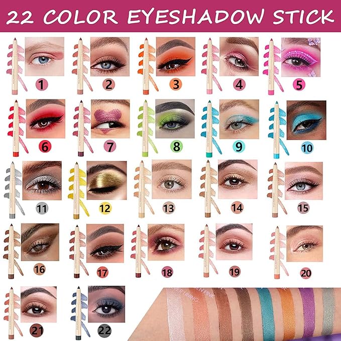 Qeetvia Eyeshadow Makeup, Waterproof Hypoallergenic Long Lasting Eye Liner, Highlighter Matte Cream Eye Shadow Stick, Glitter Primer Palette Shimmer Eyeliner Pen, Enthusiasm Matte