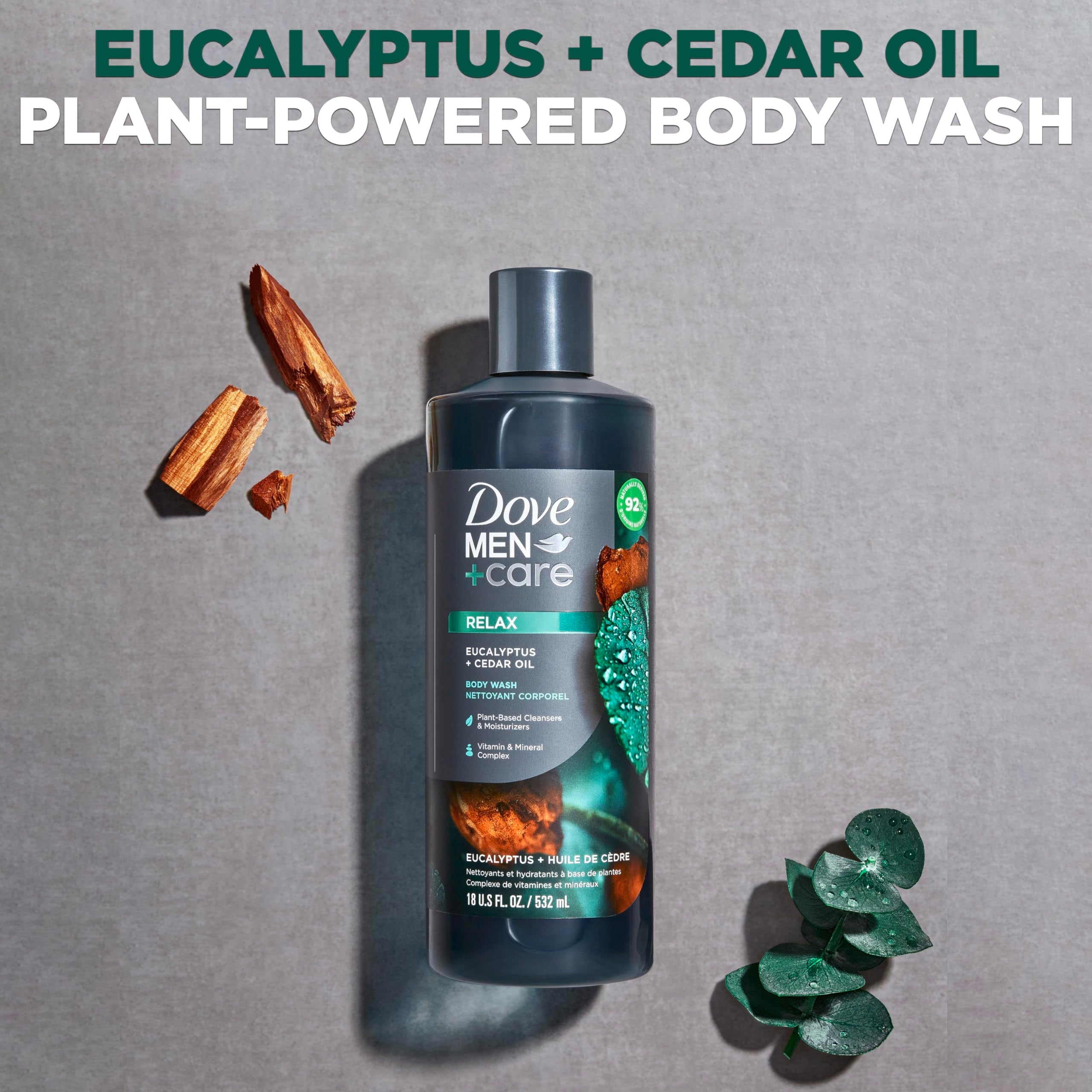 DOVE MEN + CARE Body 4 Count Wash Eucalyptus + Cedar Oil to Rebuild Skin in the Shower with Plant-Based Cleansers and Moisturizers 18 oz