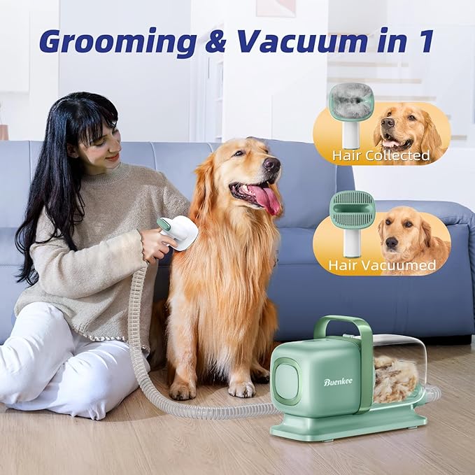 Buenkee Dog Grooming Vacuum Kit, 15000Pa Clipper, Shedding Brush, 2L, Green