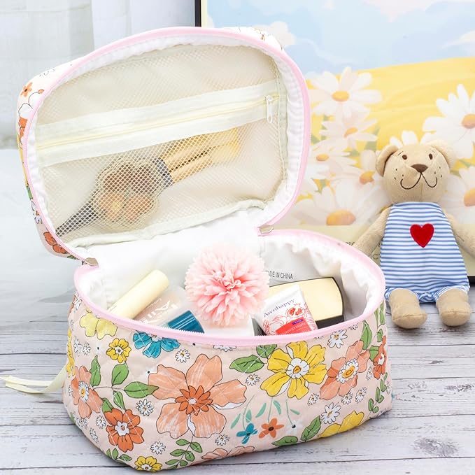 3 Piece Quilted Makeup Bag Set for Women,Cosmetic&Toiletry,Floral Orange