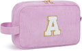 WELIDAY Initial Makeup Bag, Birthday Gift Preppy Chenille Patch Cosmetic Bag, Initial Travel Essentials Beach Toiletry Pouch, Ideal Gift for Teachers & Moms, Women and Girls (Purple, A)