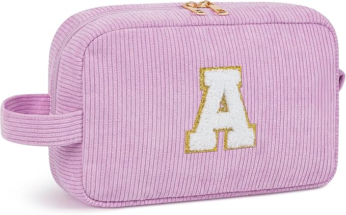 WELIDAY Initial Makeup Bag, Birthday Gift Preppy Chenille Patch Cosmetic Bag, Initial Travel Essentials Beach Toiletry Pouch, Ideal Gift for Teachers & Moms, Women and Girls (Purple, A)