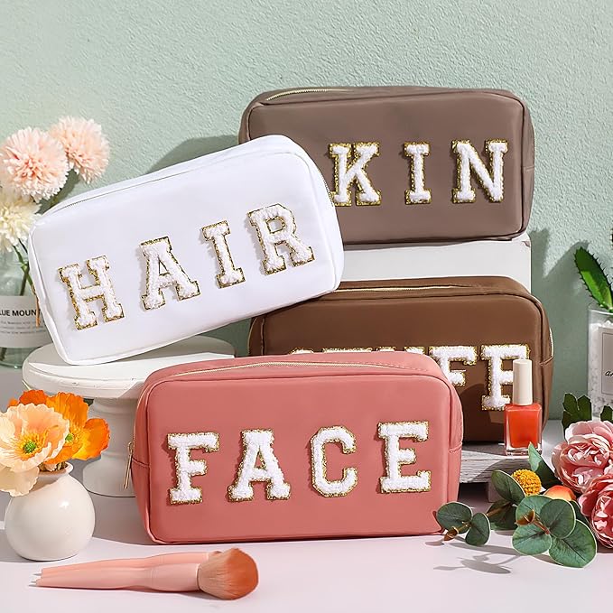 Remerry 4 Pcs Nylon Makeup Bags Waterproof Spacious Travel Cosmetic Bag for Women Chenille Letter Preppy Zipper Pouch Face Stuff Skin Hair Organizer Gift(Multicolor)
