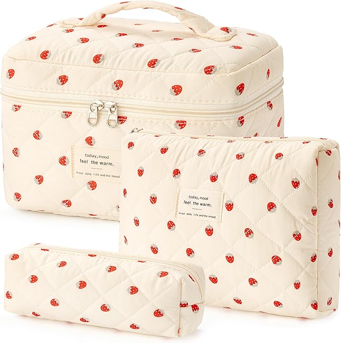 HBselect Quilted Makeup Bag, 3Pcs Cotton Large Travel Makeup Bags Organizer