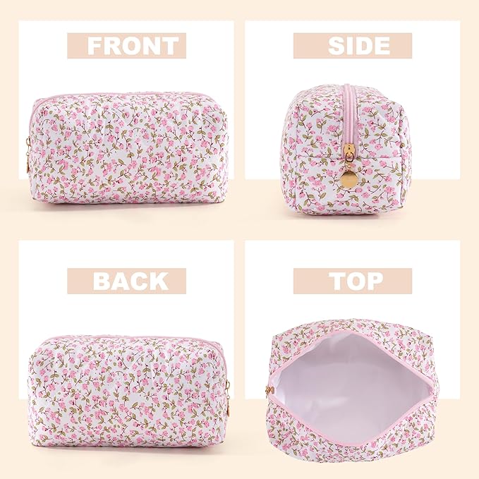 UUYUUY Makeup Bag Travel Toiletry Bag for Women, Small Cosmetic Bags Cute Quilted Cotton Makeup Pouch for Purse Emergency Bag Floral Pencil Case Accessory Bag, Pink