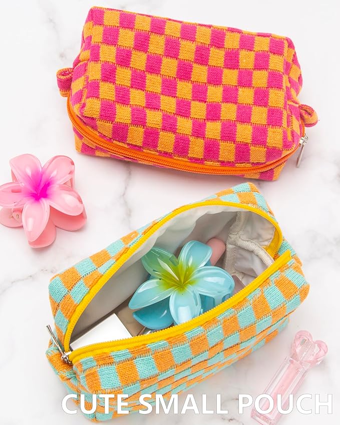 Checkered Makeup Bag for Purse, Small Cosmetic Pouch,Orange Green,6 Pack