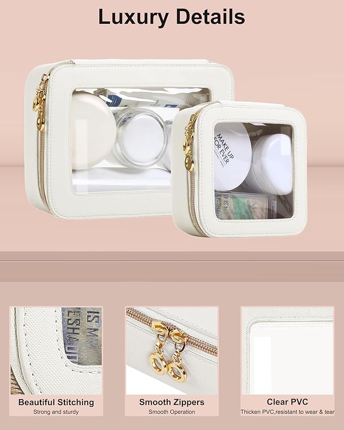 JRQCSJY Leather Clear Makeup Bags Set - Travel Clear Cosmetic Bag Case with Zipper, Transparent TSA Approved Toiletry Bags for Travel Essentials Car Accessories for Women (White, S+M)