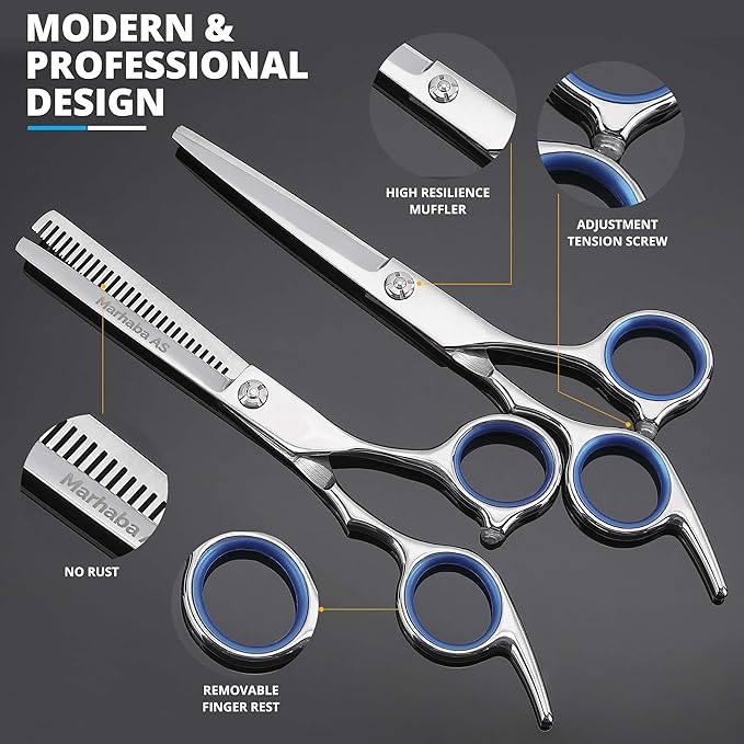 MARHABA AS Hair Scissors Kit – 10 Pieces Stainless Steel Precision Shears for Dry & Wet Hair, Professional and Personal Hair Cutting Set for Men and Women, Sharp Barber Tools with Accessories