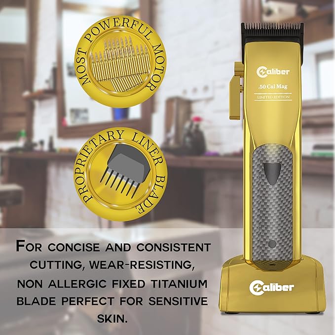Caliber.50 Cal Limited Edition Clipper - Long Lasting 8+ Hours of Power - Ultra Low Noise Technology - Rechargeable Powerful Battery - Easy Zero Gap Cut - Hair Grooming Tool for Men (Gold)
