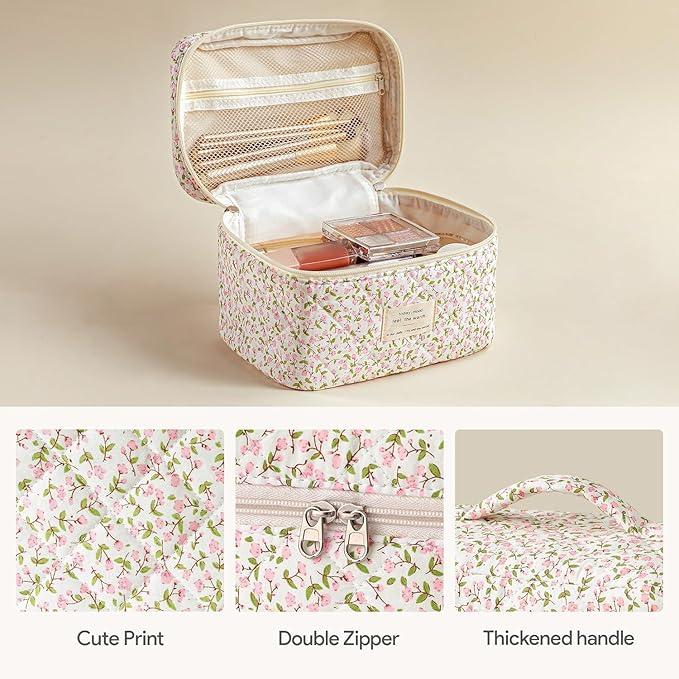 HBselect Quilted Makeup Bag, 3Pcs Cotton Large Travel Makeup Bags Organizer