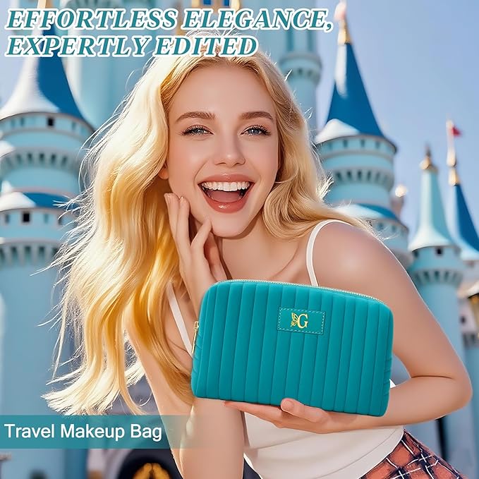 Monogrammed Make Up Bags for Women,Personalized Cosmetic Bags Women,Small Quilted Makeup Pouch,Cute Makeup Bag Travel,Birthday Gifts for Teen Girl (Blue G)