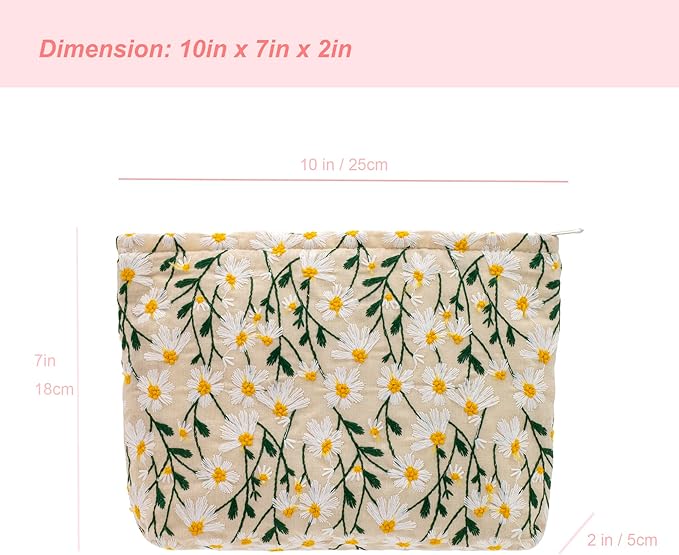 Makeup Bags for Purse Zipper Cosmetic Pouch Large Travel Canvas Make Up Organizer Tool Pouch for Women and Girls,Daisy White