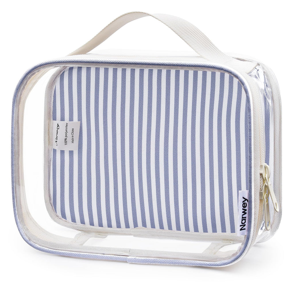 Narwey TSA Approved Clear Toiletry Bag for Travel, Waterproof PVC Clear Makeup Bags, Portable Compact Cosmetic Bag Make Up Organizer, Airport Airline Quart Size Compliant Bag (Greyish Blue Stripe)