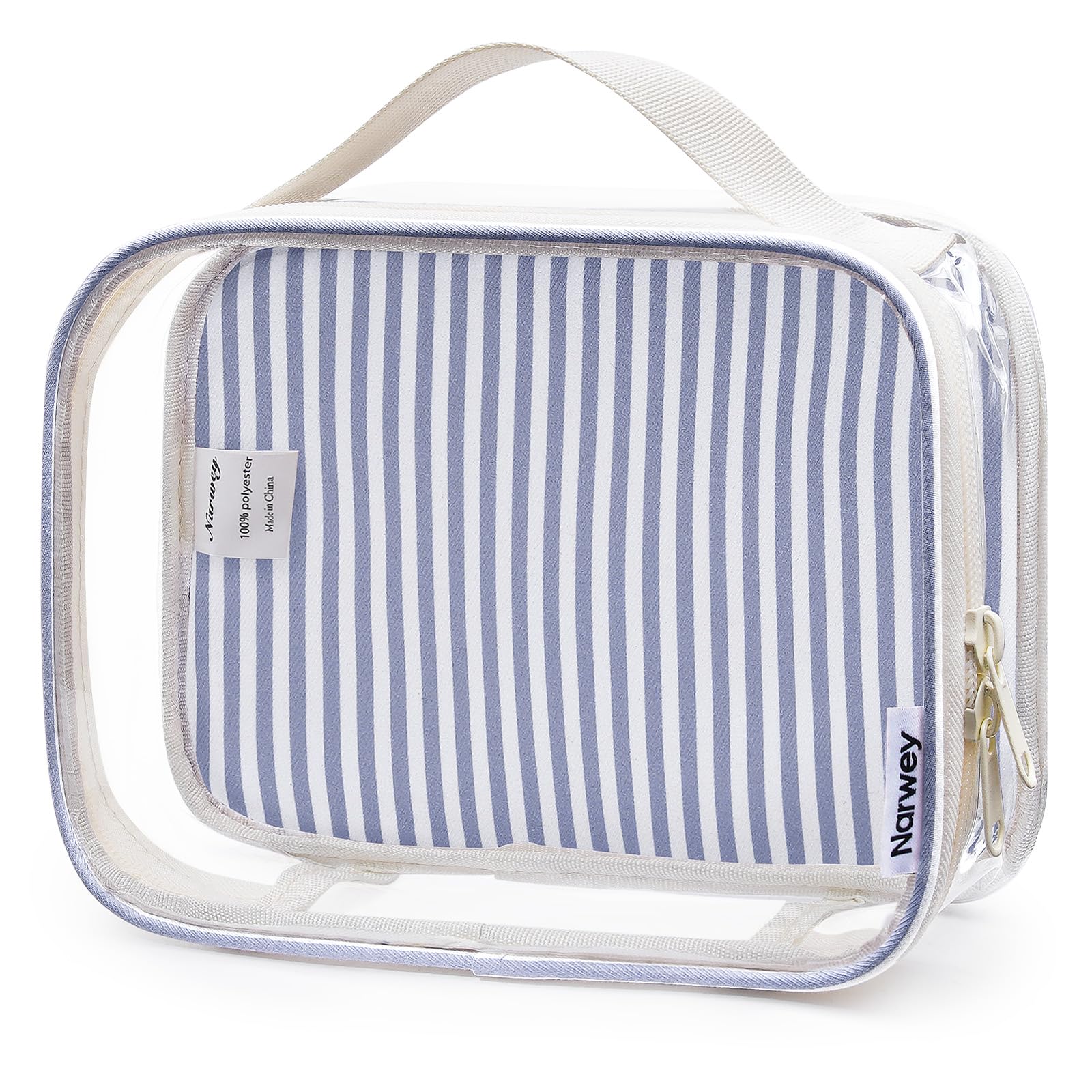 Narwey TSA Approved Clear Toiletry Bag for Travel, Waterproof PVC Clear Makeup Bags, Portable Compact Cosmetic Bag Make Up Organizer, Airport Airline Quart Size Compliant Bag (Greyish Blue Stripe)