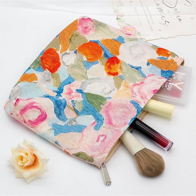 Flat Makeup Bag for Women,Zipper Cosmetic Pouch for Purse,Garden Orange