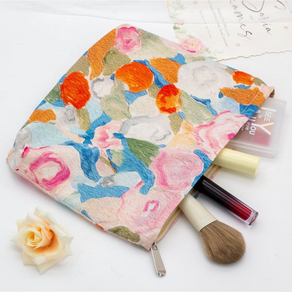 Flat Makeup Bag for Women,Zipper Cosmetic Pouch for Purse,Garden Orange