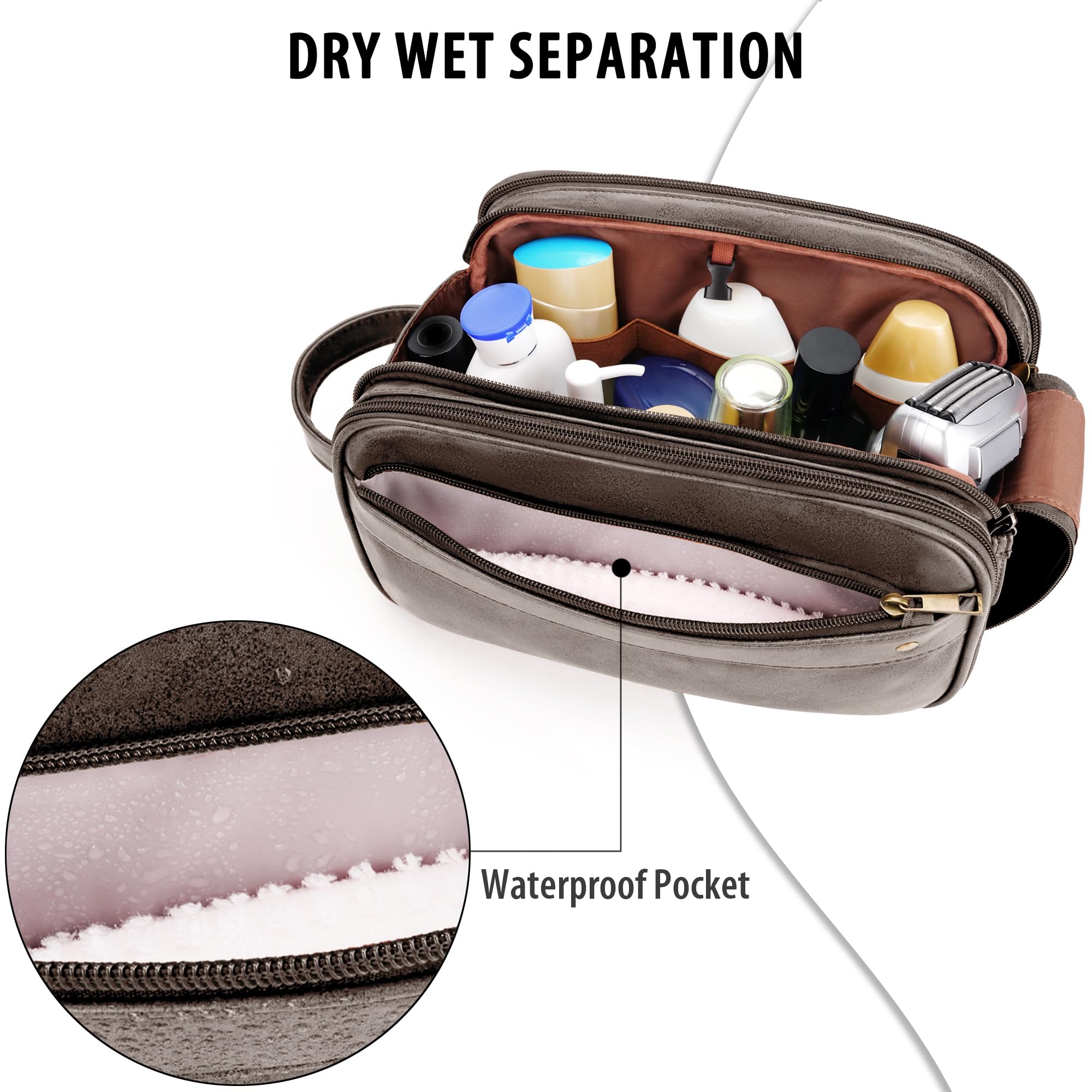 COOSKY Travel Toiletry Bag for Men, Large Hanging Toiletries Organizer Bags for Women, Cruise Ship Essentials, Water-resistant Shaving Case, PU Leather Makeup Accessories Cosmetic Dopp Kit, Dark Brown