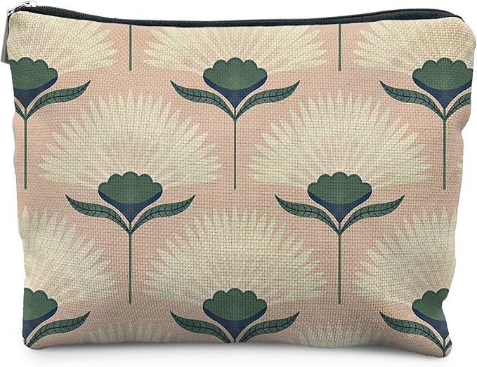RYYCDOI Vintage Boho Floral Pink Makeup Bag, Art Deco Floral Botanical Cosmetic Bags for Women, Boho Gifts for Women, Retro Mid Century Modern Art Zipper Makeup Pouch