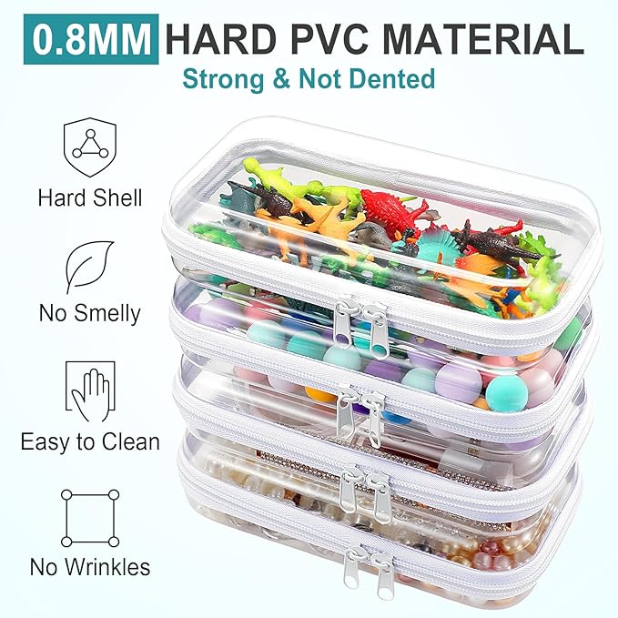 Hoolerry 4 Pcs Hard Clear Zipper Case Makeup Bags Plastic Zipper Pouch Transparent Storage Box Containers for Cosmetics, Snacks, Building Blocks, Puzzles(Clear,7.5 x 3.9 x 2 in,White)