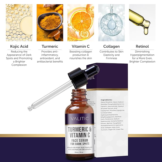 VALITIC Vitamin C Serum for Face - Dark Spot Glowing Skin Radiance Booster, Brightening Face Serum, Skin Care with Niacinamide, Hyaluronic Acid, Collagen, Kojic Acid, Turmeric - 1 fl oz