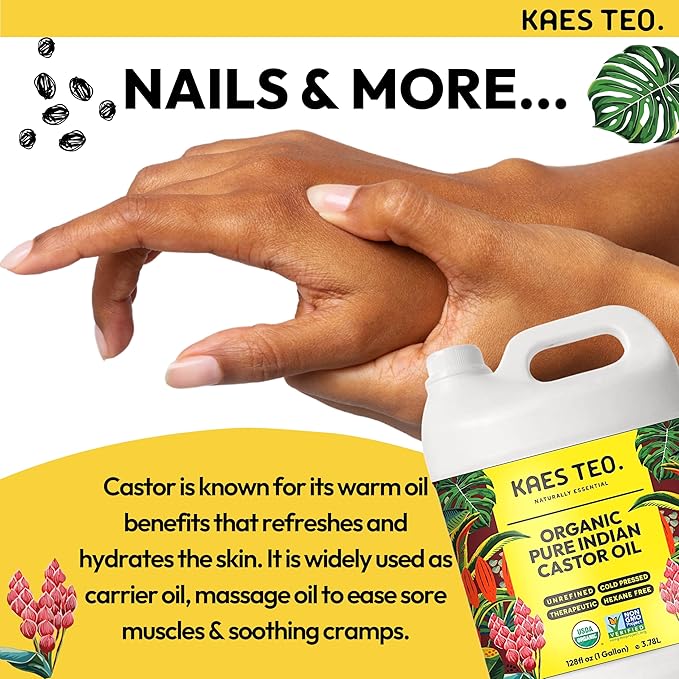 Kaes Teo Organic Castor Oil 1 Gallon (128 fl oz) Bulk, 100% Pure Cold-Pressed, Hexane Free, Eyelash, Eyebrow & Hair Growth Serum, Skin Moisturizer, Massage, Hair Loss, Dandruff, Detox and Wraps