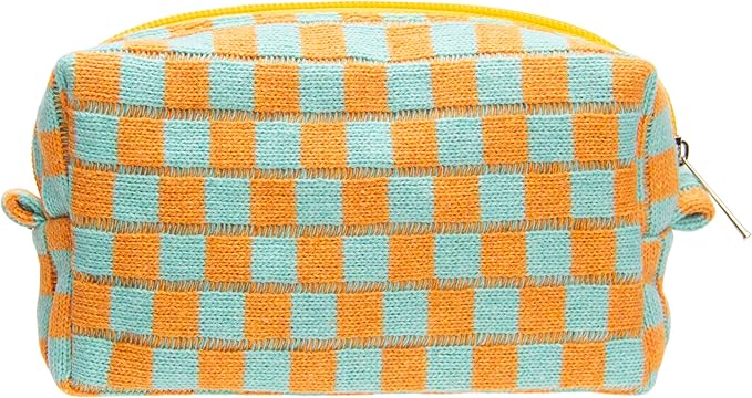 Checkered Makeup Bag for Purse, Small Travel Cosmetic Pouch,Orange Green