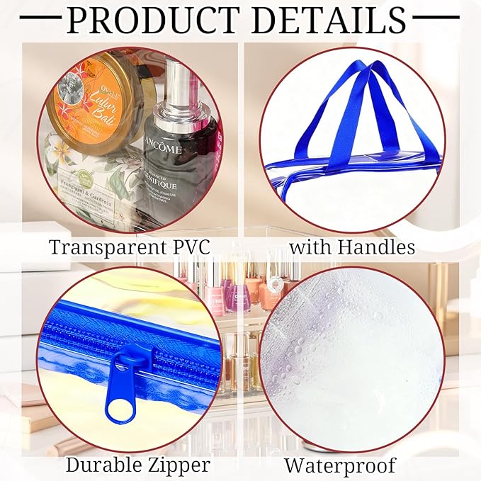 YOQIVEXU 4 Packs Large Clear Toiletry Bag, Waterproof Clear Makeup Cosmetic Organizer Bags with Handle, Transparent Handbag with Zipper for Travel Airport Airline Vacation