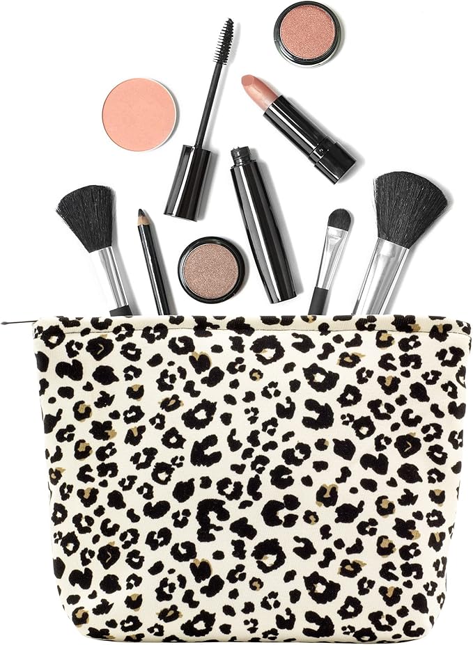 Flat Makeup Bag for Women,Zipper Cosmetic Pouch for Purse,Leopard Ivory