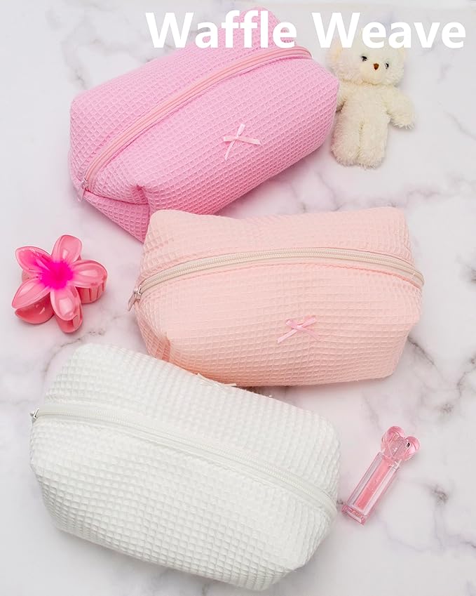PAZIMIIK Cozy Makeup Bag for Women,Zipper Cosmetic Pouch,Waffle Pink,6 Pack