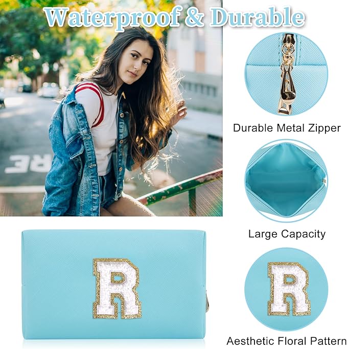 Personalized Initial Letter Patch Makeup Bag, Preppy Portable Chenille Letter Cosmetic Bag with Zipper, PU Leather Waterproof Travel Toiletry Bag Monogram Make Up Pouch for Women Girls