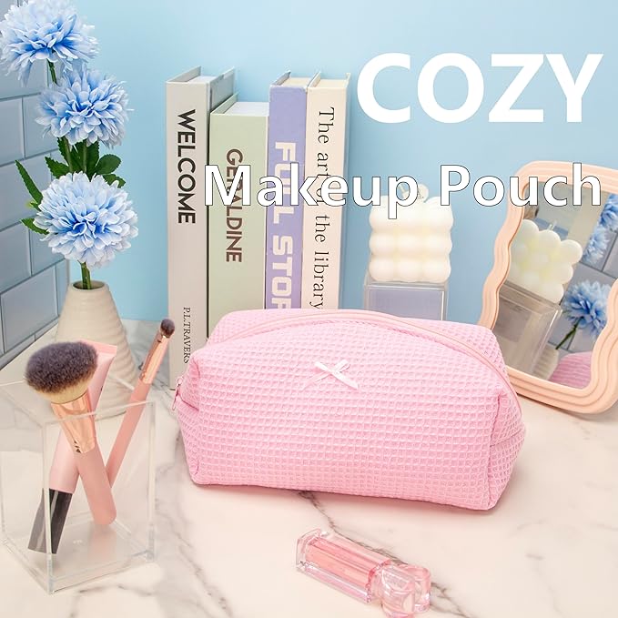 PAZIMIIK Cozy Makeup Bag for Women,Zipper Cosmetic Pouch,Waffle Candy Pink