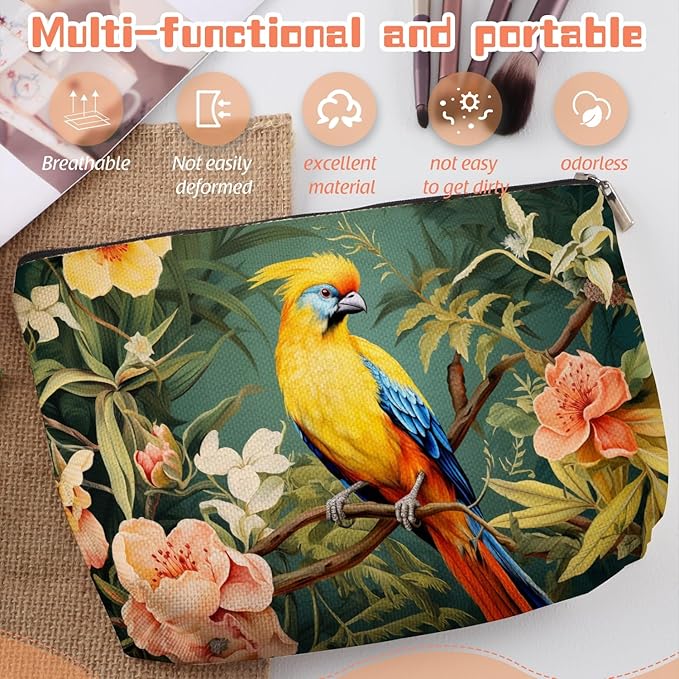 Scribesense Makeup Bag Travel Cosmetic Bags Small Makeup Case Waterproof Zipper Pouch for Women Girls 7X9inches - Colorful Bird on A Branch with Tropical Flowers