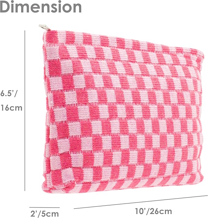 PAZIMIIK Checkered Makeup Bag for Purse, Small Flat Cosmetic Pouch,Hotpink