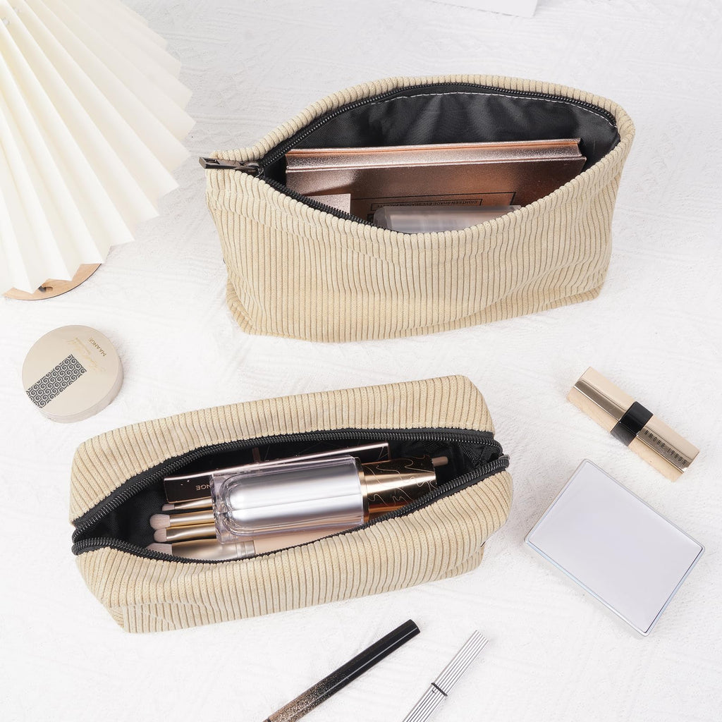 MAGEFY Small Makeup Bag 2 Pcs Corduroy Makeup Bag for Purse Zipper Make up Bag Travel Cosmetic Bag for Women Makeup Pouch for Travelling Preppy Stuff - Beige