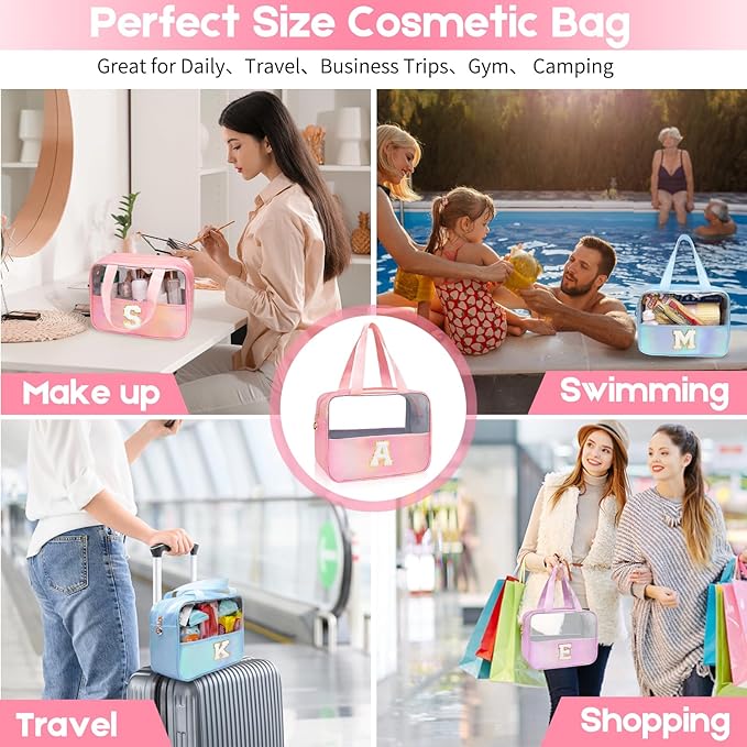 Personalized Initial A Clear Purple Makeup Bag - Large Travel Toiletry Bag, Cute Cosmetic Organizer Set for Girlfriend, Teacher, Teen Girl Gifts