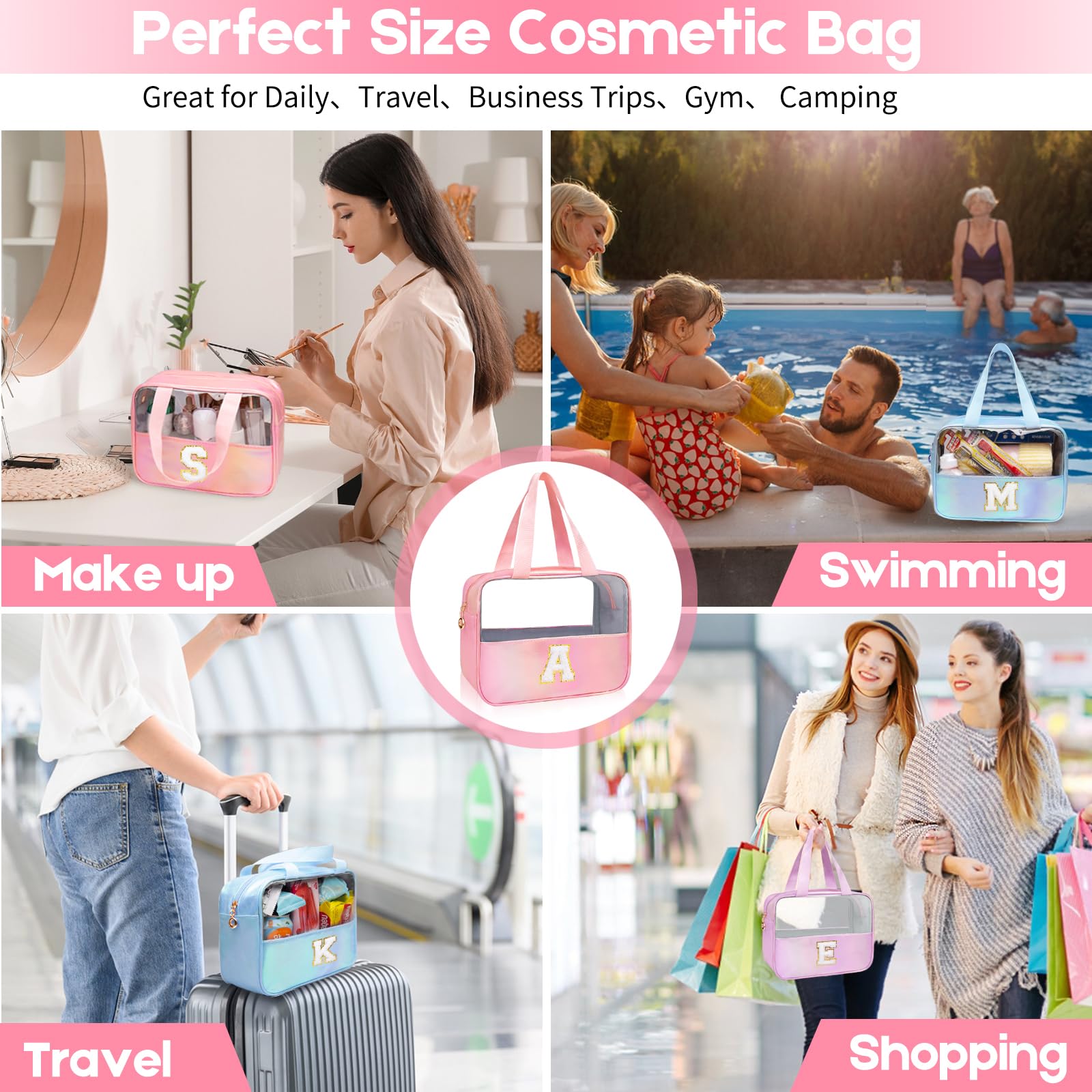 Junesters Personalized Initial K Clear Blue Makeup Bag - Large Travel Toiletry Bag, Cute Cosmetic Organizer Set for Girlfriend, Teacher, Teen Girl Gifts