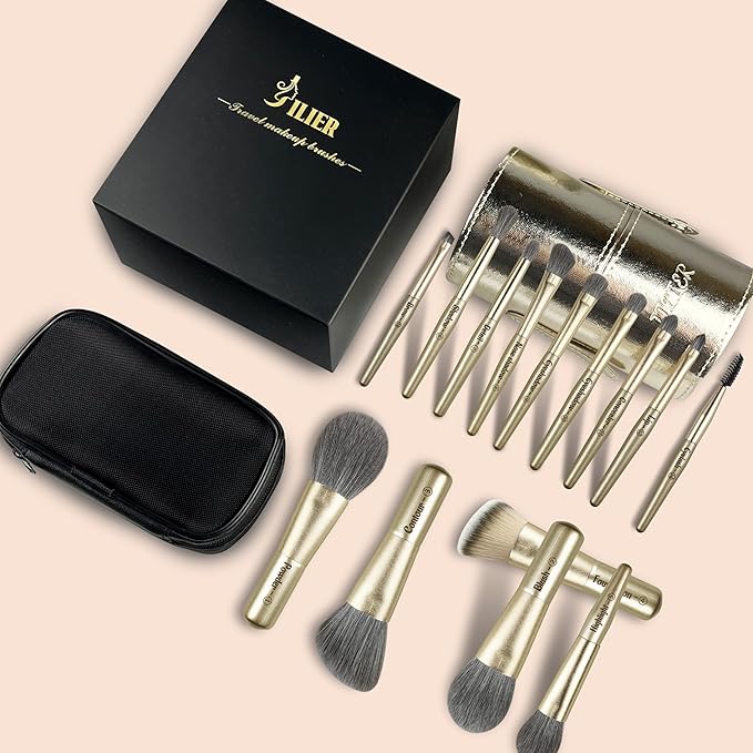 Jilier 14 pcs Mini Makeup Brushes and Pocket Mirror, Travel Makeup Brush Set, LED Compact Mirror with Light, Travel Size with Case, Portable for Handbag, Travel Essentials for Women
