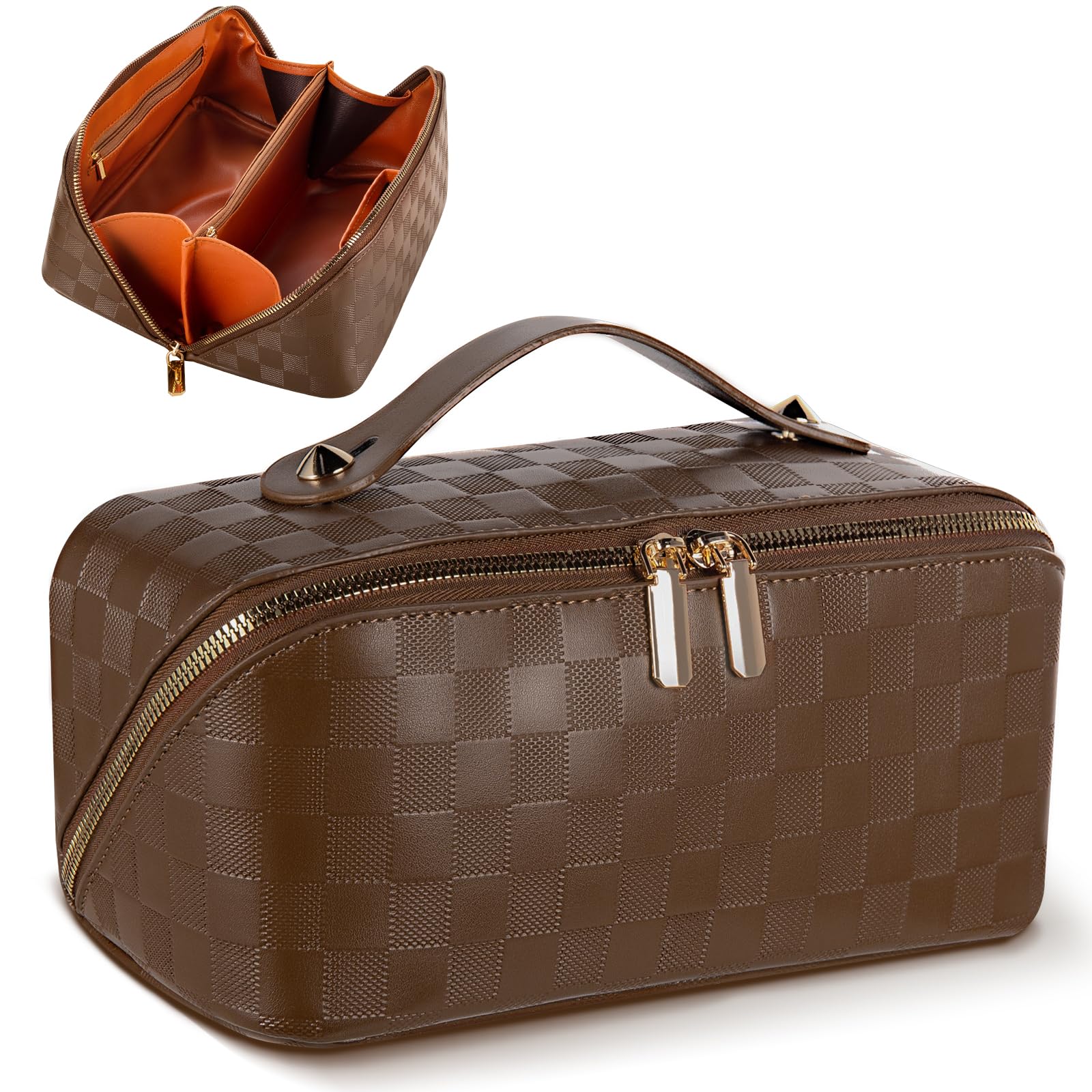 Abiudeng Travel Makeup Bag,Large Capacity Toiletry Bag Cosmetic Bags for Travel Essentials,Waterproof Portable Pouch Open Flat Makeup bag Organizer with Divider and Handle(Checkered-Brown)